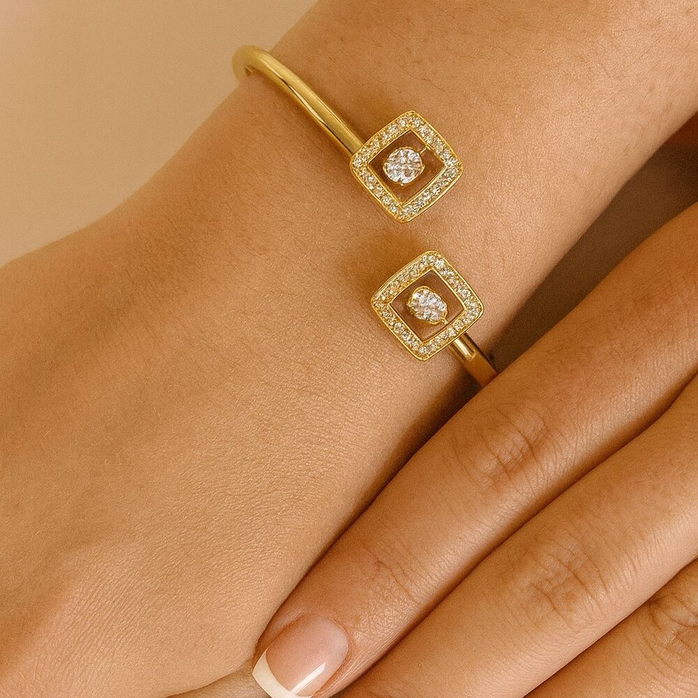 Copper 14K Gold Plated Plating Inlay Geometric Artificial Gemstones Open Cuff